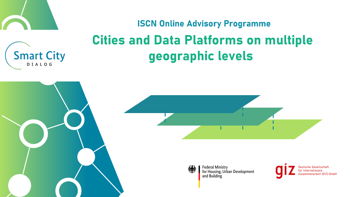 A slide reading "ISCN Online Advisory Programme: Cities and Data Platforms on multiple geographic levels", three stacked layers
