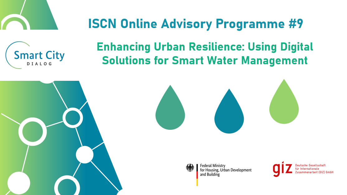 Deckslide on OAP9 about water management in smart cities with three stylized big droplets