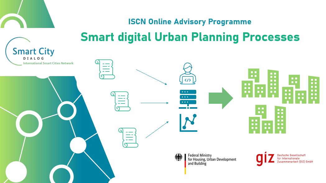 Eine Titelfolie, die mit Symbolen die Transformation von Papierplanungsdokumenten zu digitalen Prozessen und damit besseren Stadtentwicklungen zeigt